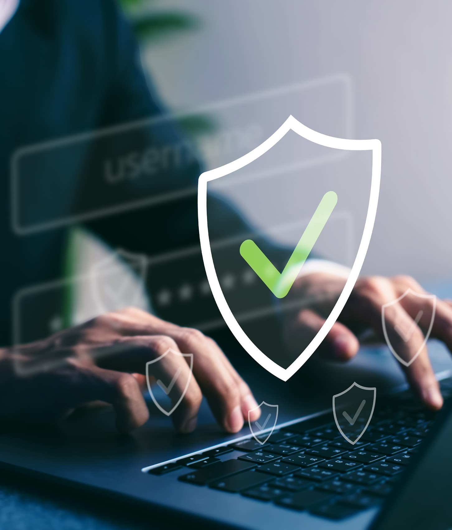 Hands typing on a laptop beneath a glowing security shield