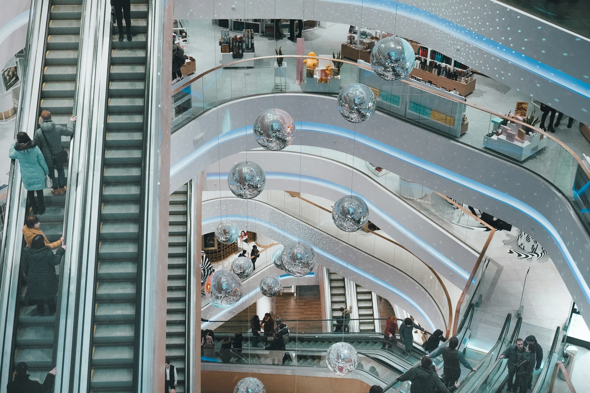 Escalators in a shopping centre atrium