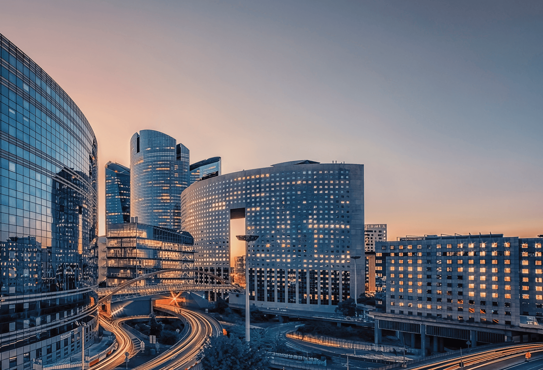 City skyline at dusk